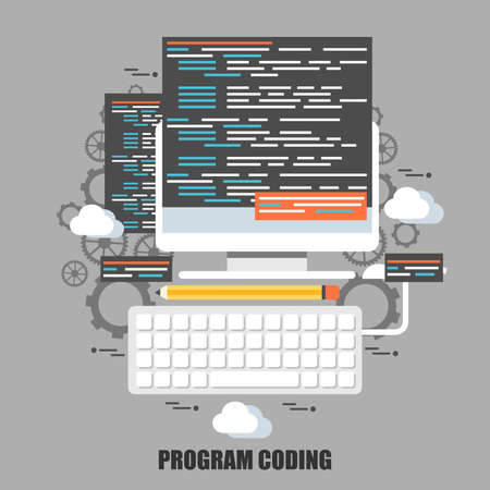 Flat concept of program coding, app and web development. Can be used for poster, banner, magazine, web design. Best solution for graphic designers. Vector illustration.のイラスト素材