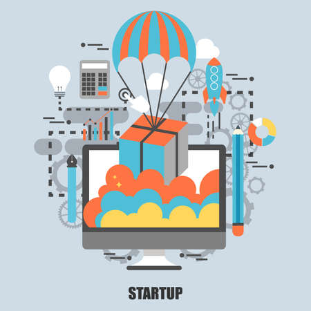 Flat concept of business project startup process, from idea through planning and strategy, marketing, finance, to realization and success. Best solution for graphic designers. Vector illustration.のイラスト素材
