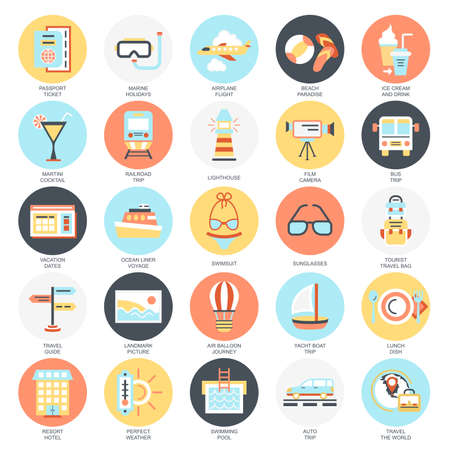 Flat conceptual icons pack of tourism recreation, travel vacation to resort hotel. Concepts for website and graphic design. Mobile and print media. Isolated on white background.のイラスト素材
