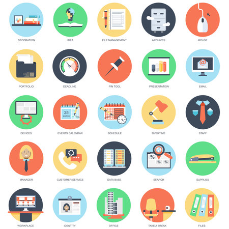 Flat conceptual icon set of startup and new business, search investment. Pack flat icons concept for website and graphic designers. Mobile and print media.のイラスト素材