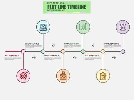 Thin line flat timeline infographic elements vector template. Can be used for workflow, business concept with 6 options, parts, steps or processes, number options, diagram, chart, data visualization.のイラスト素材