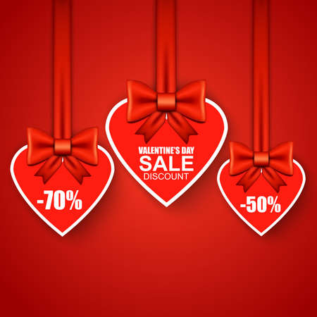 Valentines day heart sale tag, poster template. Red heart whith bow. Vector illustration.のイラスト素材