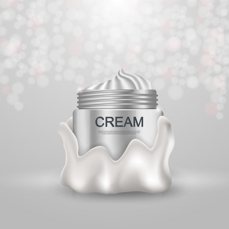 Cosmetic ads design template. Hydrating facial cream whith fruits and berries for branding and annual sale. Realistic white, turquoise and pink bottle isolated. 3D vector illustration.のイラスト素材