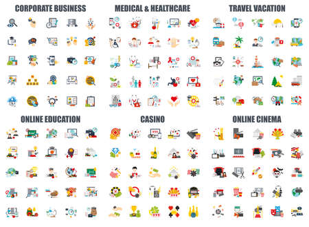 Set of flat icons concept online education, business essential, medical and healthcare, travel vacation, casino, cinema, back to school. Conceptual vector illustration for website and graphic design.のイラスト素材