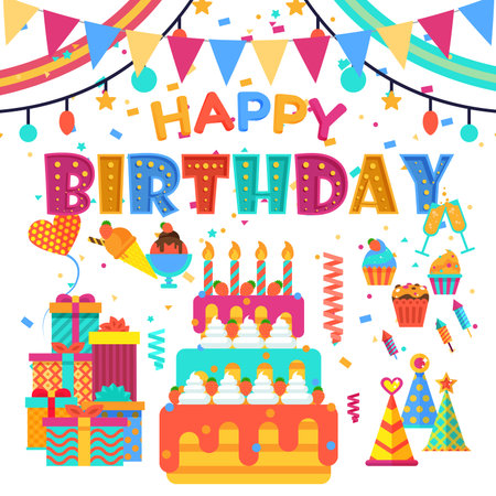 Happy Birthday concept. Set of birthday holiday icons and symbols in flat design. Cake, gifts, ice-cream, candles color flags and balloons for celebrating invitations. Vector illustration.のイラスト素材