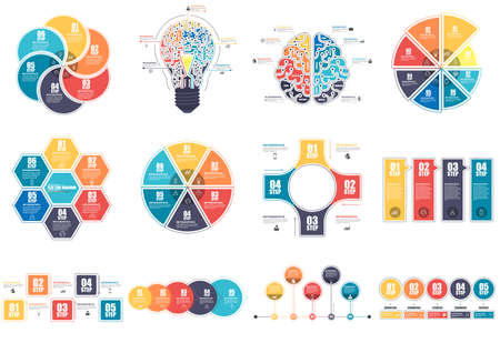Infographic elements data visualization vector design template. Business concept with 4, 5, 6 and 8 options, steps or processes, workflow layout, diagram, timeline, marketing icons, info graphics.のイラスト素材