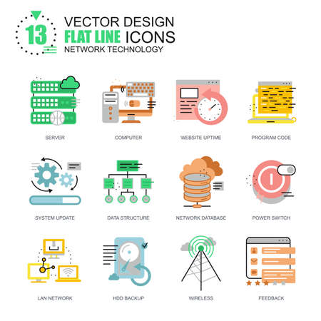 Flat line network technology icons concepts set for website and mobile site and apps. Database server connection, cloud computing. New style flat simple pictogram pack. Vector illustration.のイラスト素材