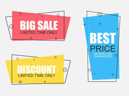 Set of flat geometric vector banners in vintage style. Discount offer price label, symbol for advertising campaign in retail, sale promo marketing, ad offer on shopping.のイラスト素材