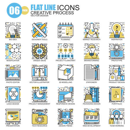 Thin line creative process and project workflow icons set for website and mobile site and apps. Pixel Perfect. Editable Stroke. New style flat simple linear pictogram pack. Vector illustration.のイラスト素材