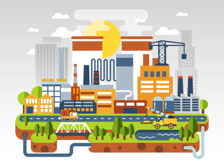 Flat industrial landscape. The nuclear power plant and factory on the background of the city. Gray factory building with pipes on nature. Ecological production concept. Vector illustration.のイラスト素材