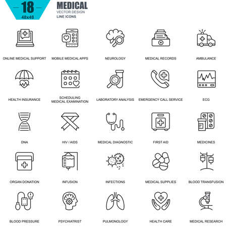 Thin line healthcare and medicine, medical equipment icons set for website and mobile site and apps. Contains such Icons as DNA, Ambulance. 48x48 Pixel Perfect. Editable Stroke. Vector illustration.のイラスト素材