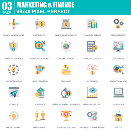 Flat marketing and finance icons set for website and mobile site and apps. Contains such Icons as Crowdfunding, Market, E-business. 48x48 Pixel Perfect. Editable Stroke. Vector illustration.のイラスト素材
