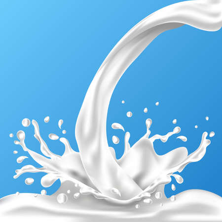 Splashing and whirl milk liquid for design on blue background. Vector 3D illustrations, pouring, realistic natural dairy products, yogurt or cream. Template for packaging, advertising, promotion.のイラスト素材