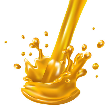 Splashing and whirl orange juice liquid for design uses isolated on white background. Vector 3D illustrations, dynamic splashes and drops pineapple. Template for packaging, advertising.のイラスト素材