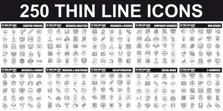 Simple set of vector thin line icon. Contains such Icons as Creative Process, Business Analytics, Finance, E-Commerce, SEO, Medicine and Healthcare, Social Media and more. Linear pictogram pack.のイラスト素材