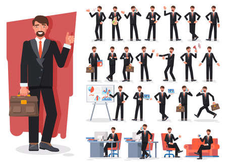 Businessman character creation set. Showing different gestures character vector design.のイラスト素材