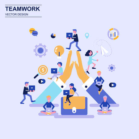 Teamwork and business flat design concept blue style with decorated small people character. Conceptual vector illustration for web design, marketing, graphic design.のイラスト素材