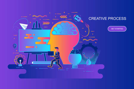 Modern gradient flat line concept web banner of creative process with decorated small people character. Landing page template. Conceptual vector illustration for web and graphic design, marketing.のイラスト素材