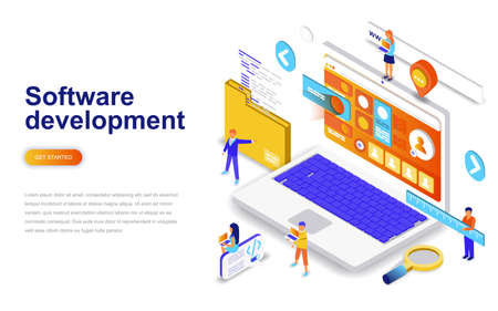 Software development modern flat design isometric concept. Developer and people concept. Landing page template. Conceptual isometric vector illustration for web and graphic design.のイラスト素材