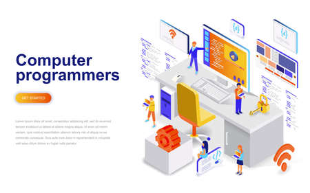 Computer programmers modern flat design isometric concept. Software development and people concept. Landing page template. Conceptual isometric vector illustration for web and graphic design.のイラスト素材