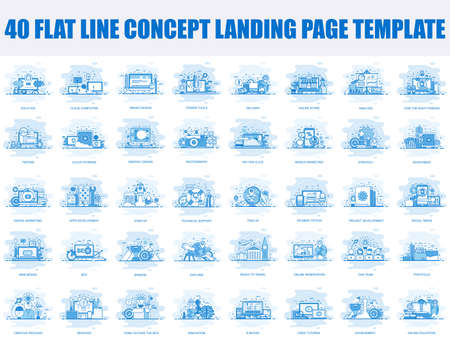 Set of flat line design concept of E-commerce, Marketing, Web Development, Social Media, Startup, Education, Seo Analysis and more for website development. Landing page template. Vector illustration.のイラスト素材