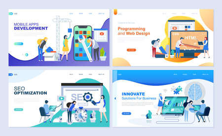 Set of landing page template for web development, SEO, mobile apps, business solutions. Modern vector illustration flat concepts decorated people character for website and mobile website development.のイラスト素材