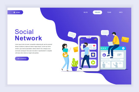 Modern flat design concept of Social Network for website and mobile website development. Landing page template. Virtual communication and media sharing. Vector illustration.のイラスト素材