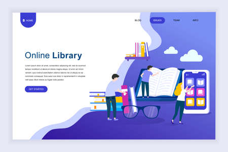 Modern flat design concept of Online Library for website and mobile website development. Landing page template. Technology and literature, digital culture on media library. Vector illustration.のイラスト素材