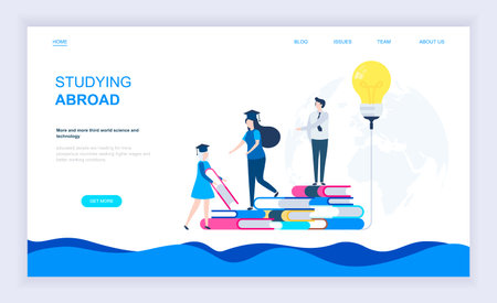 Modern flat design concept of Studying Abroad with decorated small people character for website and mobile website development. UI and UX design. Landing page template. Vector illustration.のイラスト素材