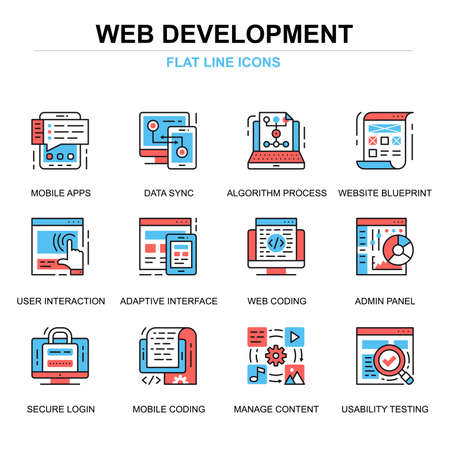 Flat line web development icons concepts set for website and mobile site and apps. Mobile apps coding, user interface testing. Thin line color simple pictogram pack. Vector illustration.のイラスト素材