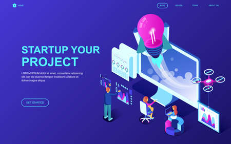 Modern flat design isometric concept of Startup Your Project decorated people character for website and mobile website development. Isometric landing page template. Vector illustration.のイラスト素材