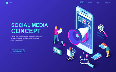 Modern flat design isometric concept of Social Media decorated people character for website and mobile website development. Isometric landing page template. Vector illustration.のイラスト素材