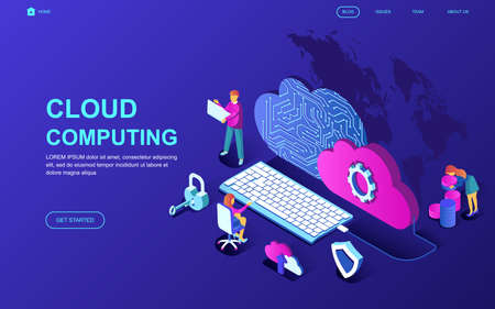 Modern flat design isometric concept of Cloud Technology decorated people character for website and mobile website development. Isometric landing page template. Vector illustration.のイラスト素材