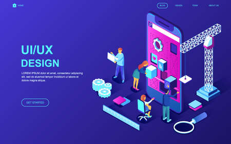 Modern flat design isometric concept of UX, UI Design decorated people character for website and mobile website development. Isometric landing page template. Vector illustration.のイラスト素材