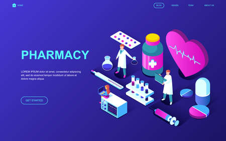 Modern flat design isometric concept of Pharmacist in Pharmacy decorated people character for website and mobile website development. Isometric landing page template. Vector illustration.のイラスト素材
