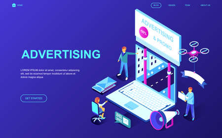 Modern flat design isometric concept of Advertising and Promotion decorated people character for website and mobile website development. Isometric landing page template. Vector illustration.のイラスト素材