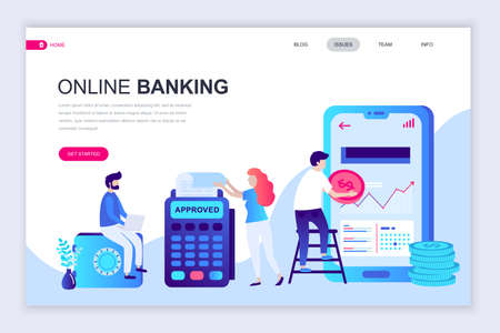 Modern flat web page design template of Online Banking decorated people character for website and mobile website development. Flat landing page template. Vector illustration.のイラスト素材