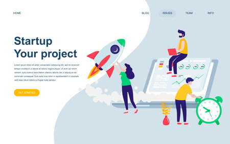 Modern flat web page design template of Startup Your Project decorated people character for website and mobile website development. Flat landing page template. Vector illustration.のイラスト素材