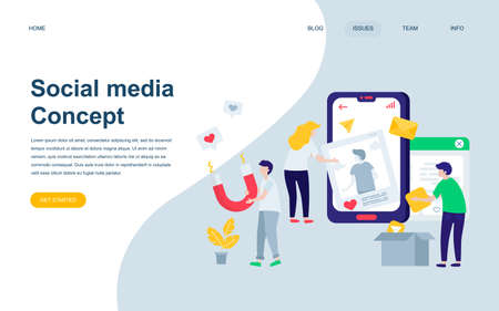 Modern flat web page design template of Social Media decorated people character for website and mobile website development. Flat landing page template. Vector illustration.のイラスト素材