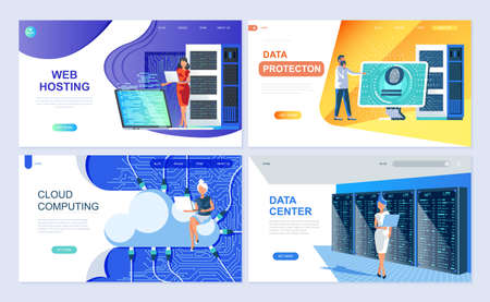Set of landing page template for Hosting, Data Protection, Data Center, Cloud Computing.のイラスト素材