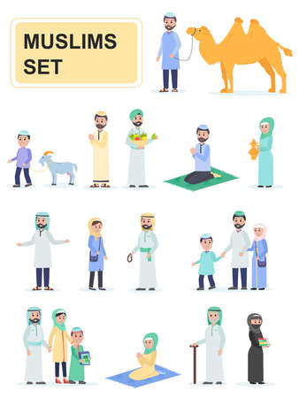 Set of muslims in national dress. Men and women muslims traditional family. Cartoon characters isolated on white background. Flat vector illustration.のイラスト素材