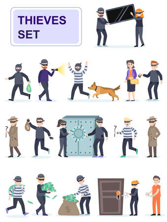Set of criminals in different poses. Criminals and thieves risk and rob banks and people. Cartoon characters isolated on white background. Flat vector illustration.のイラスト素材
