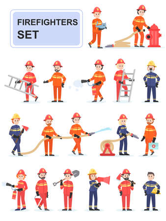 Set of firefighters doing their job. Male firefighters who put out fires, save people, help. Cartoon characters isolated on white background. Flat vector illustration.のイラスト素材