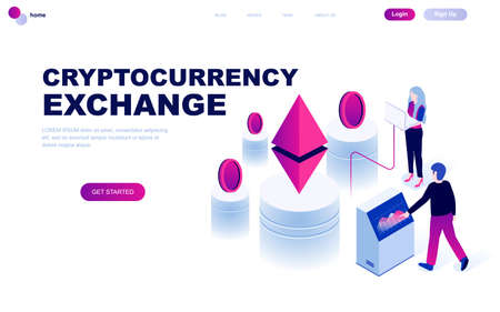 Modern flat design isometric concept of Cryptocurrency Exchange decorated people character for website and mobile website development. Isometric landing page template. Vector illustration.のイラスト素材