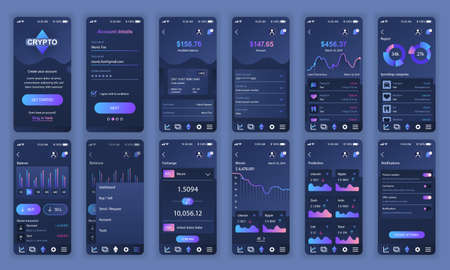 Set of UI, UX, GUI screens Cryptocurrency app flat design template for mobile apps, responsive website wireframes.のイラスト素材
