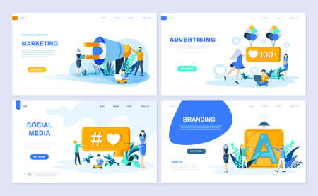 Set of landing page template for Digital Marketing, Advertising, Social Media, Branding. Modern vector illustration flat concepts decorated people character for website and mobile website development.のイラスト素材