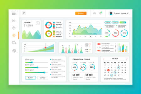 Dashboard admin panel vector design template with infographic elements, chart, diagram, info graphics. Website dashboard for ui and ux design web page. Vector illustration.のイラスト素材