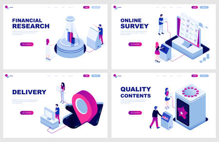 Set of isometric landing page template for Finance, Delivery, Online Survey. Quality Content. Modern vector illustration isometric concepts decorated people character for website development.のイラスト素材