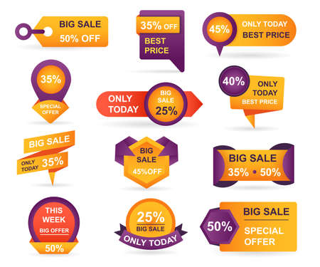 Set of retail sale tags. Stickers best offer price and big sale pricing tag badge design. Limited sales offer label or store discount banner card isolated. Shopping coupon. Vector illustration.のイラスト素材