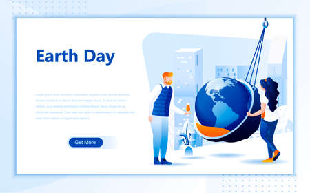 Earth day flat web page design template of homepage or header images decorated people for website and mobile website development.のイラスト素材